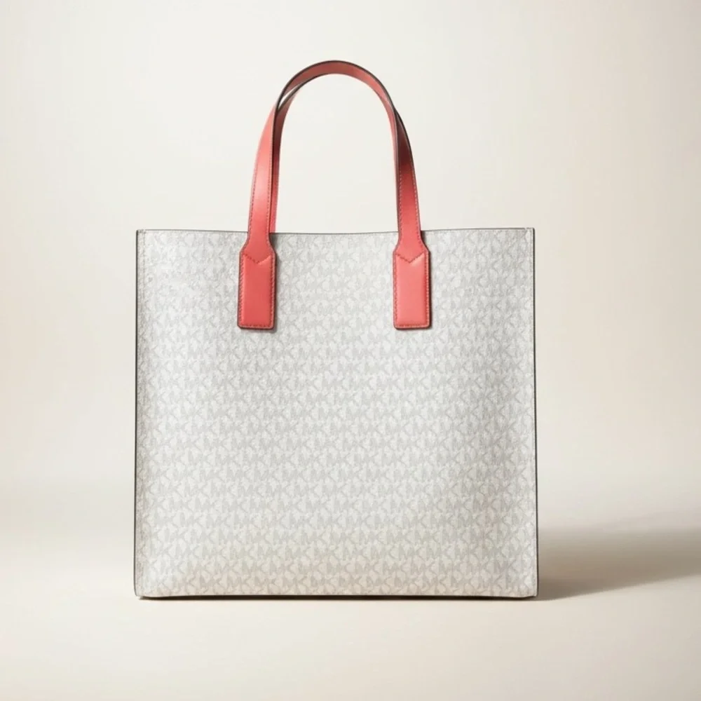 MICHAEL KORS Kenly Large Signature Logo Tape Tote Bag : Grapefruit and white